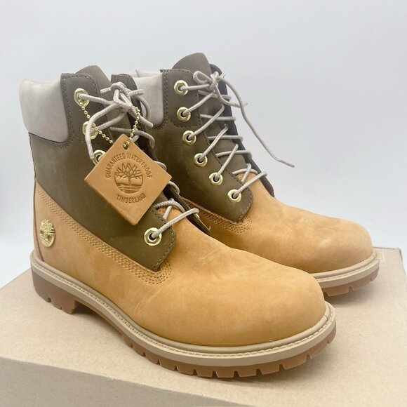 TIMBERLAND WOMEN'S HERITAGE 6 '' INCH WATERPROOF BOOT Tan Green Nubuck US 8 - Picture 1 of 12